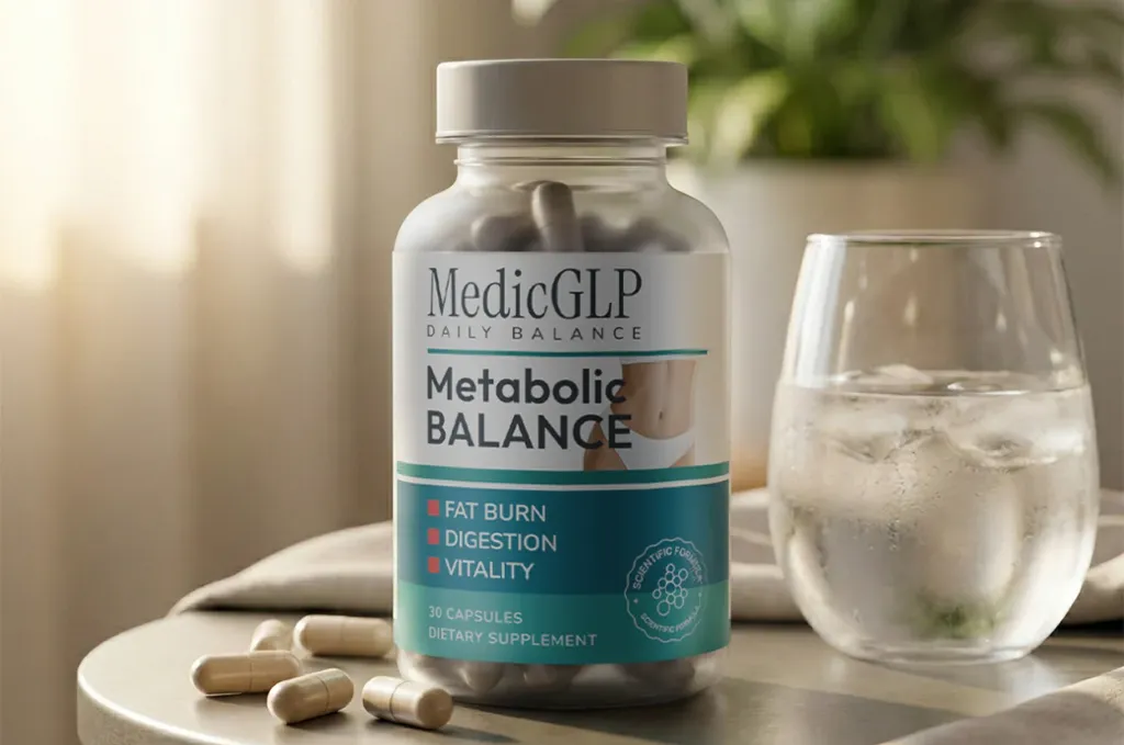 MedicGLP bottle with capsules and glass of water
